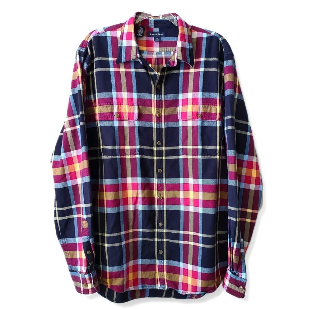 Lands End Men Plaid Flannel Shirt L Tall 16 Classic Button Preppy Gorp Outdoors